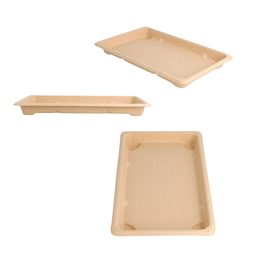 Vassoio di cartone color avana visto da tre prospettive
