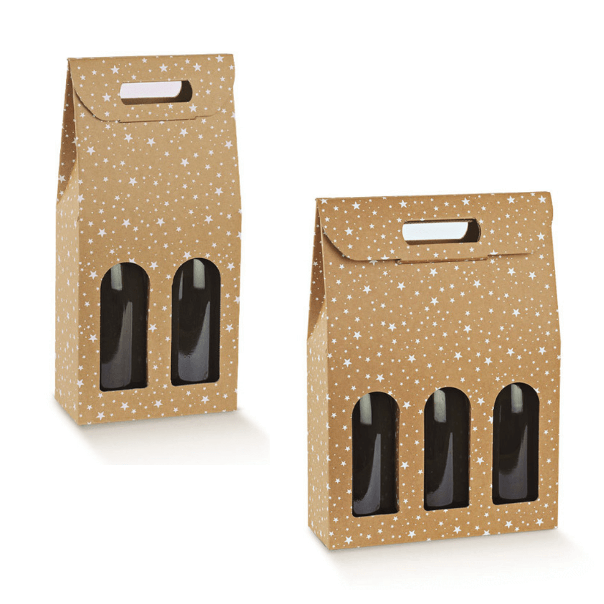 Scatola porta bottiglie, fantasia natalizia stelline bianche su avana , due diverse misure 