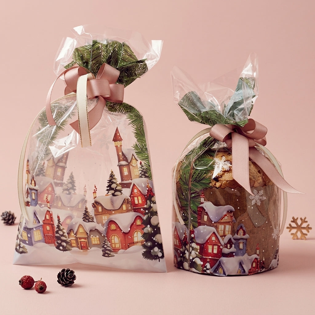 Buste panettone trasparenti, su sfondo rosa, due diversi formati