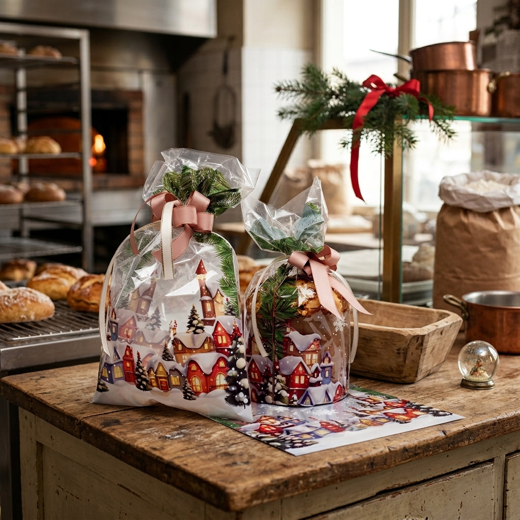 Buste panettone trasparenti, su sfondo di una forno, due diversi formati