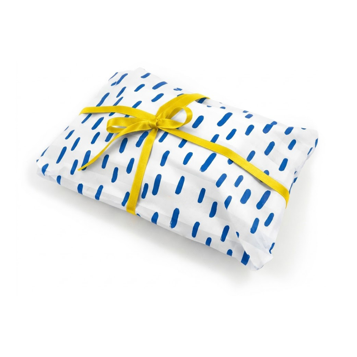 Vassoio avvolto in carta per pasticceria bianca con pois blu e nastro giallo 