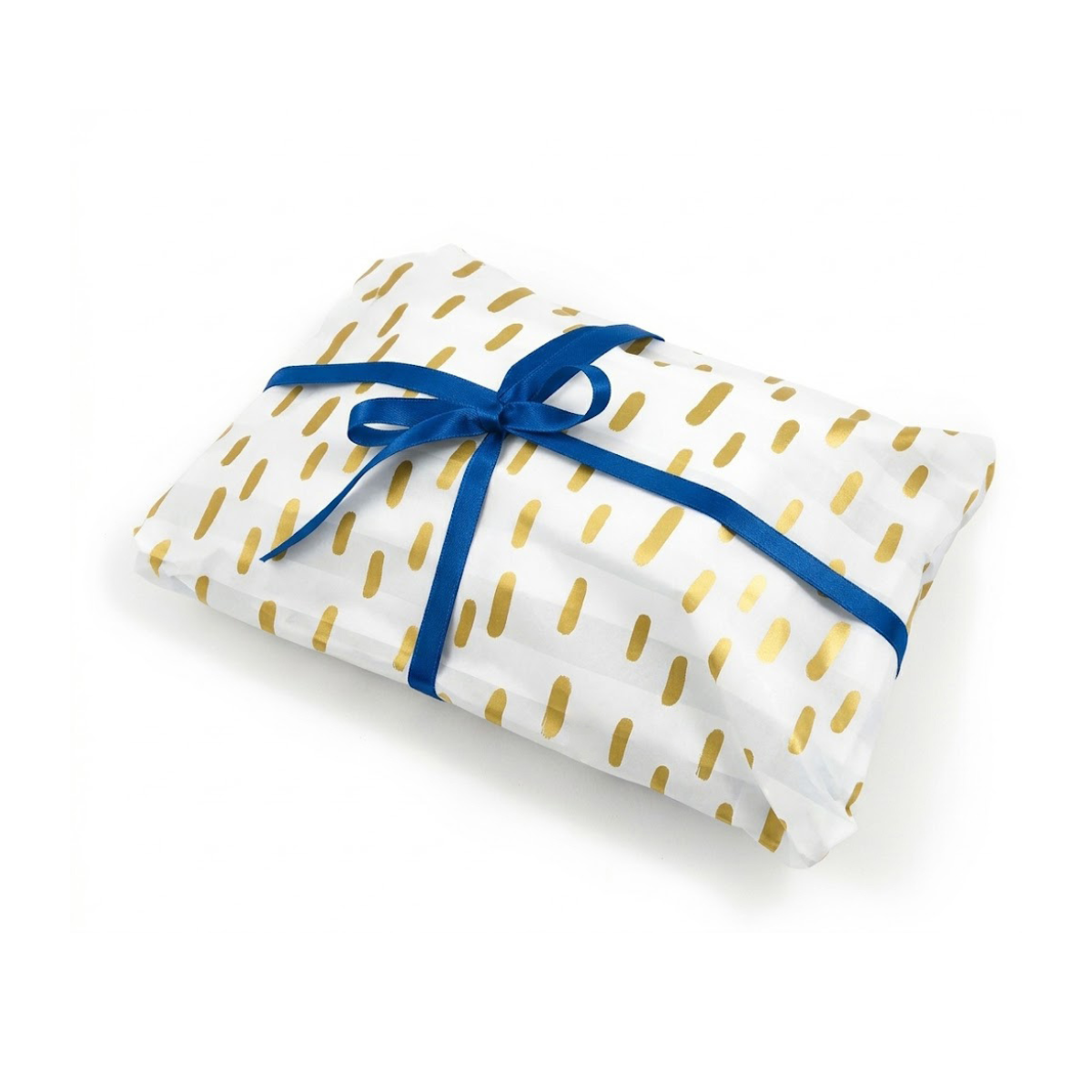 Vassoio avvolto in carta per pasticceria bianca con pois oro e nastro blu
