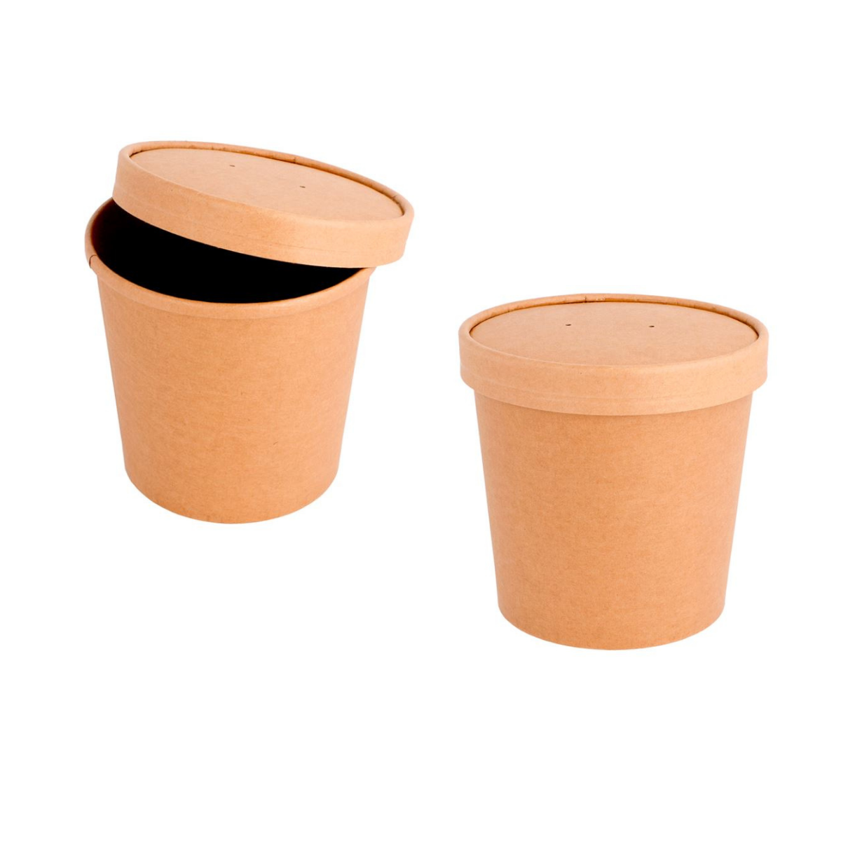 Contenitore per zuppe, color avana, mostrato chiuso col tappo e semiaperto con tappo appoggiato