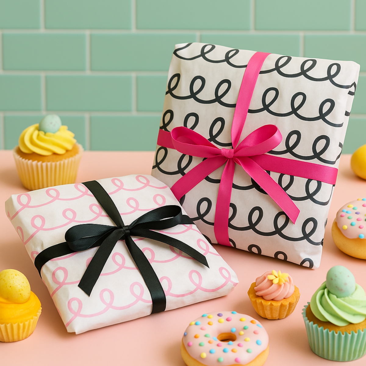 Carta pasticceria, riccioli, fantasia nera e fantasia rosa, che avvolgono vassoi di paste, all'interno di una pasticceria, con paste e dolciumi attorno