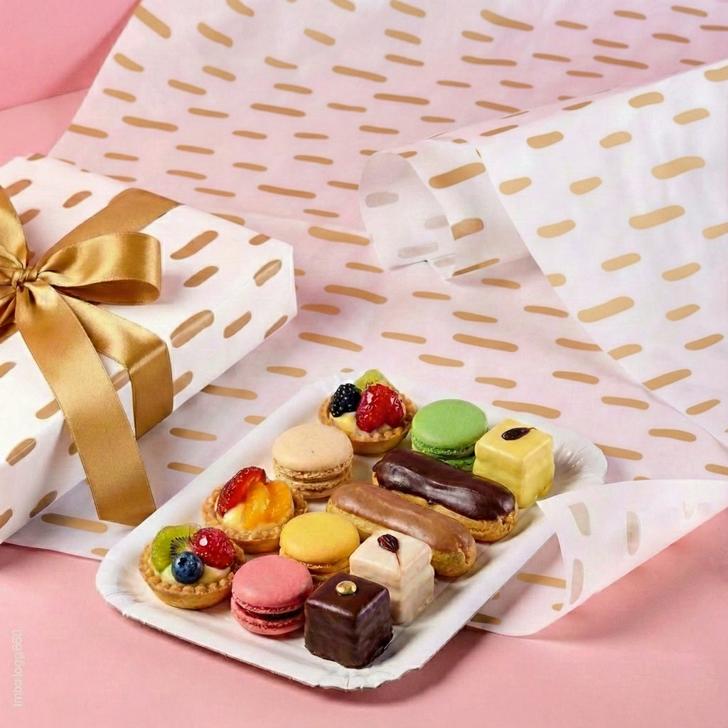 Carta pasticcera a pois dorati stesa c sopra vassoio di paste 