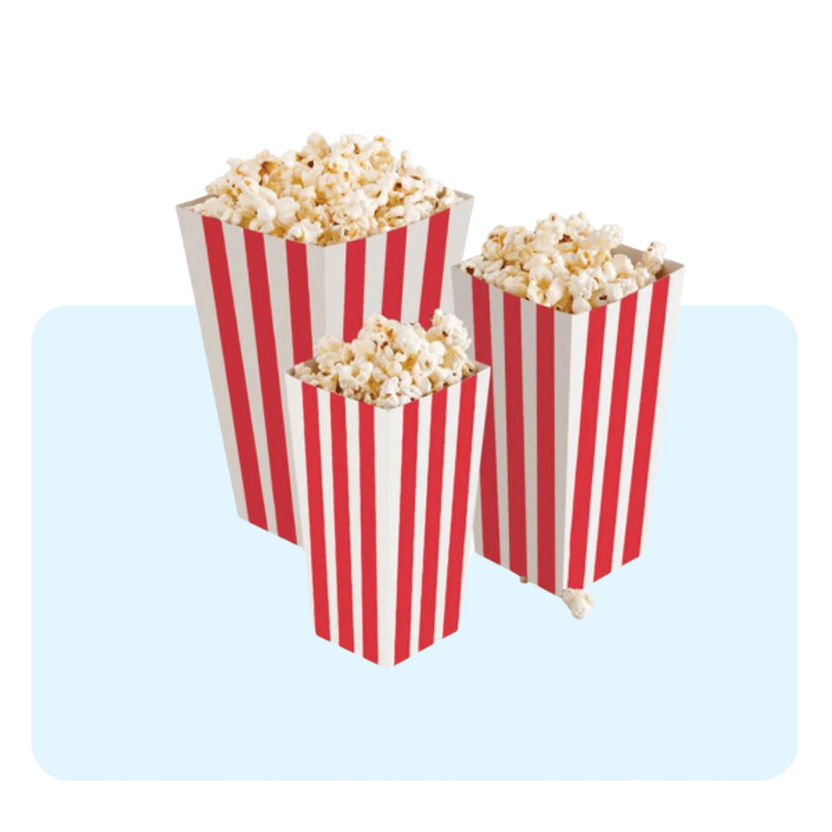 Banner con sfondo azzurro con: tre contenitori diverse misure per pop corn