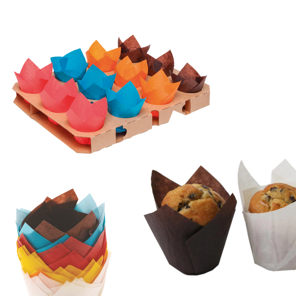 Pirottini tulipano colorati, alcuni vuoti impilati, altri vuoti nel porta pirottini di cartone e due con dei muffin dentro