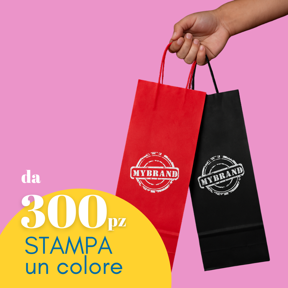 Shopper porta bottiglia di vino, una rossa ed una nera, personalizzate con il tuo logo. Rette da una mano