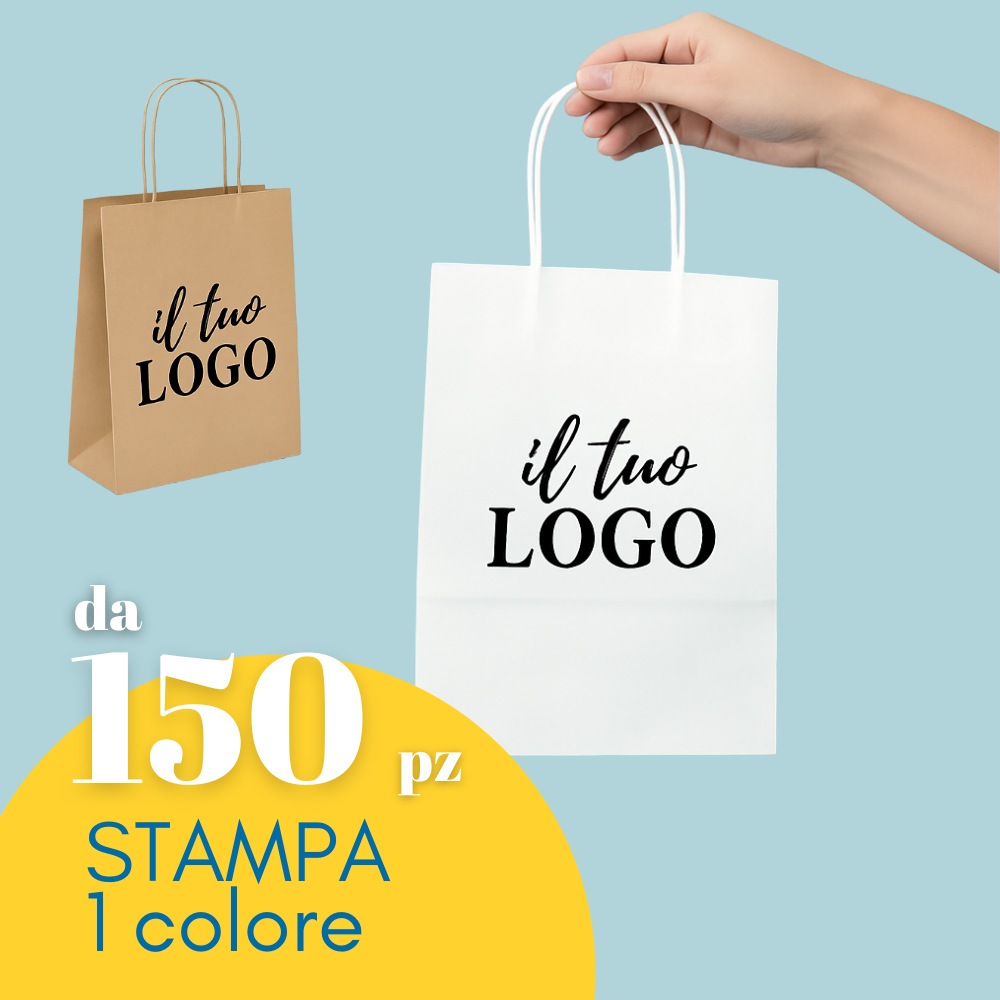Shopper bianca e shopper avana, personalizzate con il tuo logo. La bianca retta da una mano