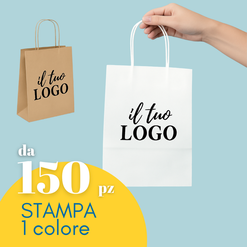 Shopper bianca e shopper avana, personalizzate con il tuo logo. La bianca retta da una mano