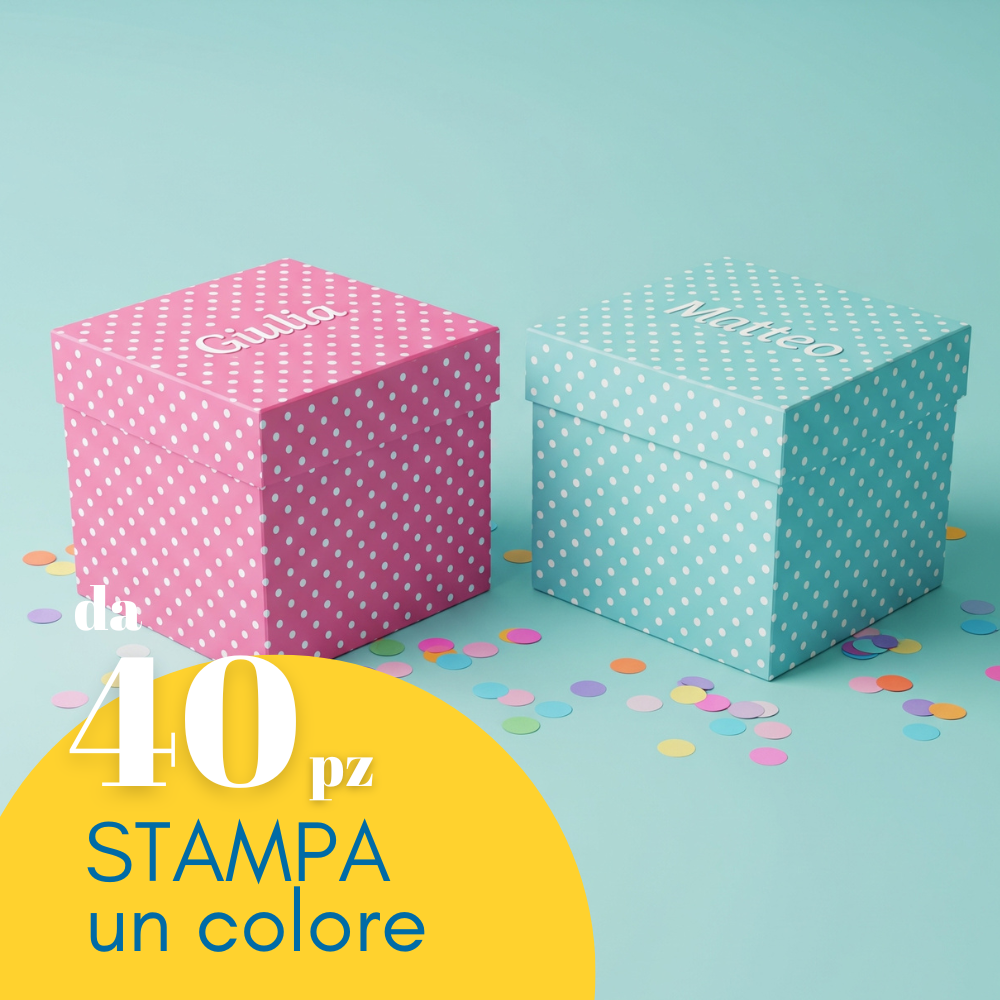 Bomboniere per nascita, scatole, una rosa ed una azzurra, a pois bianchi, personalizzate con un nome.