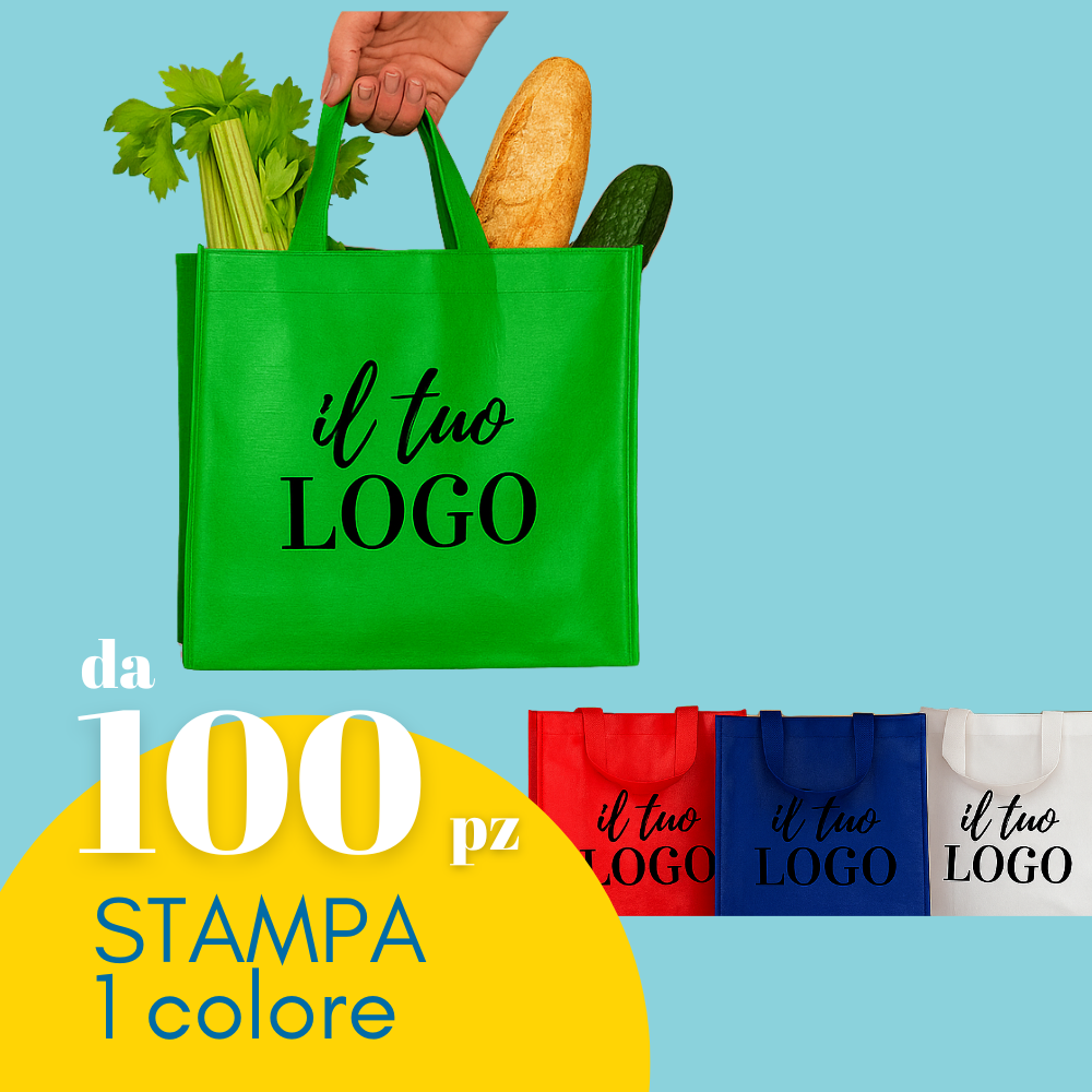 Shopper in polipropilene piena di spesa, retta da una mano, personalizzata con il tuo  logo, verde. Sotto tre borse una bianca, una blu ed una rossa
