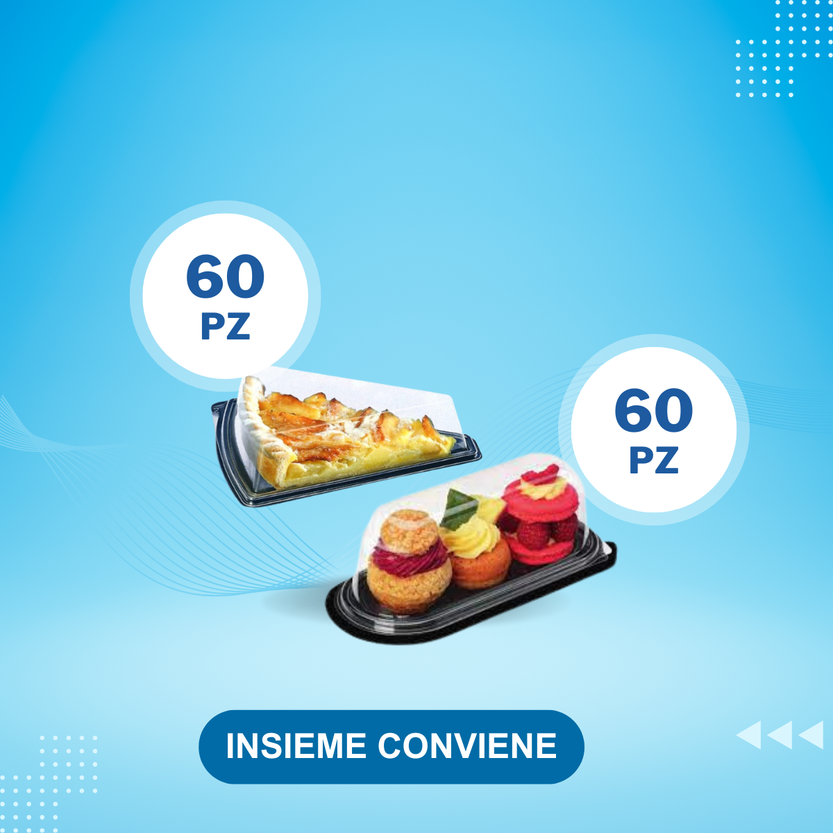 Kit insieme conviene, sfondo blu , porta fetta di torta e porta macarons