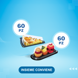 Kit insieme conviene, sfondo blu , porta fetta di torta e porta macarons