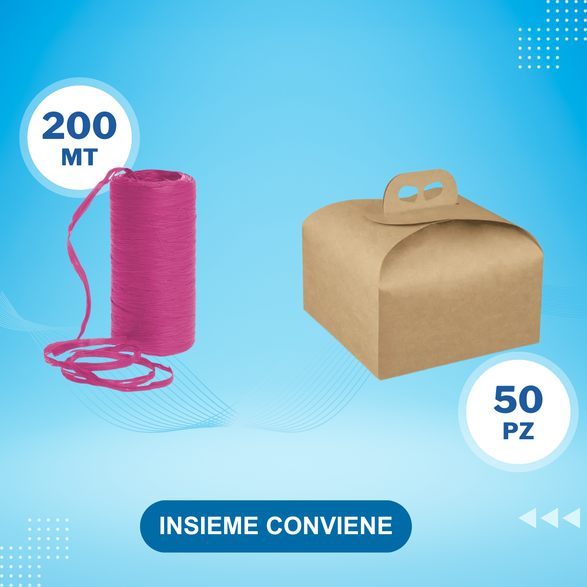Nastro fucsia e scatola porta torte color avana su sfondo azzurro