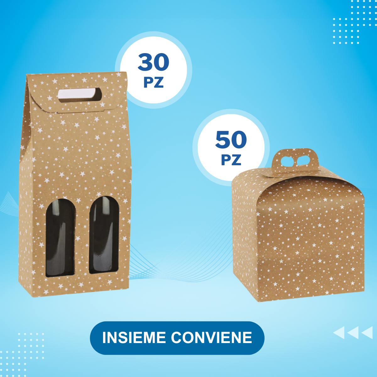 Confezione natalizia portabottiglie con stampa stelline e confezione porta panettone con stampa stelline. Sfondo azzurro