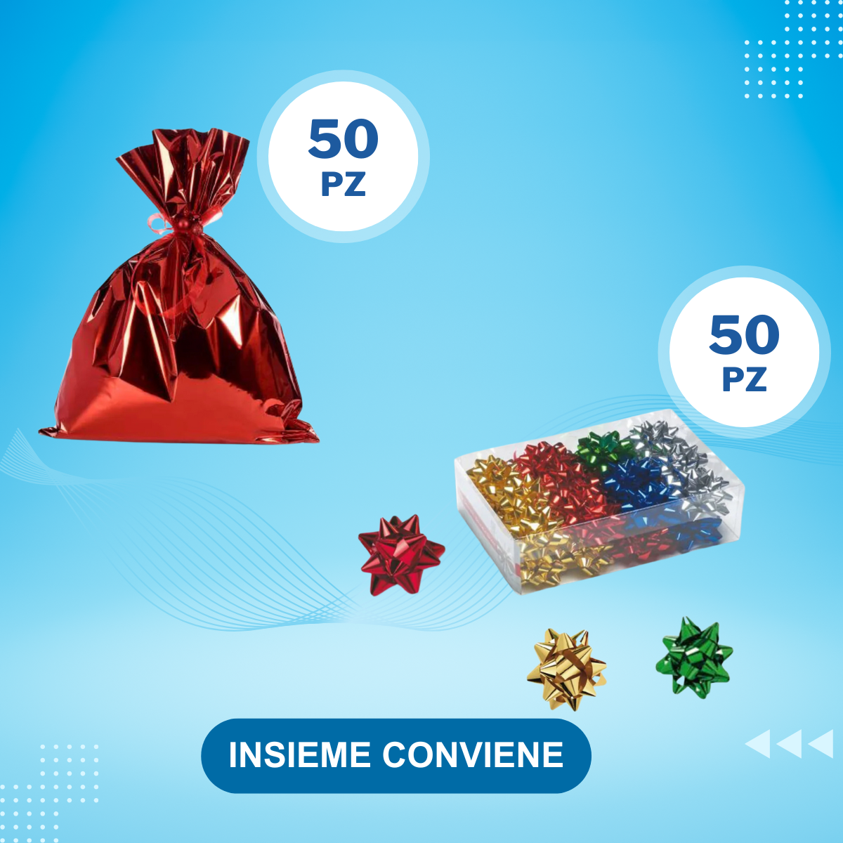 Carta da pacchi rossa e confezione di coccarde colorate su sfondo azzurro
