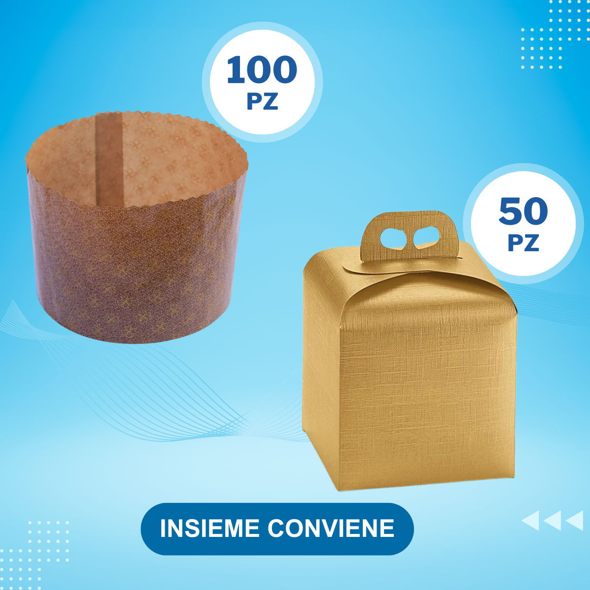 Stampo di carta per panettone e scatola dorata per panettone su sfondo azzurro