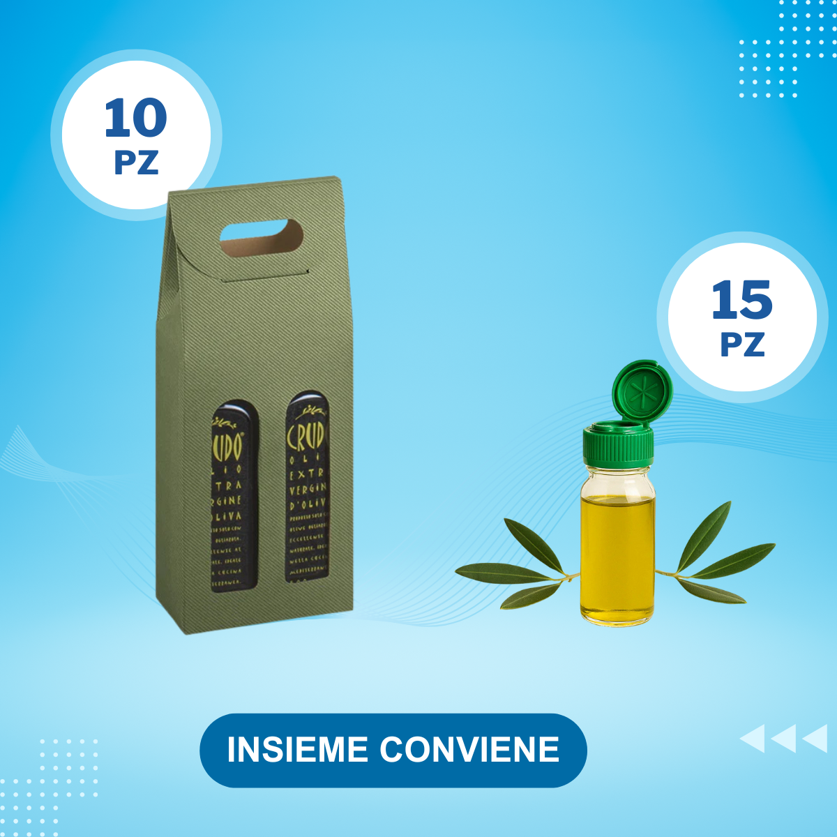 Confezione da due di porta bottiglie olio e flaconcino porta olio su sfondo azzurro