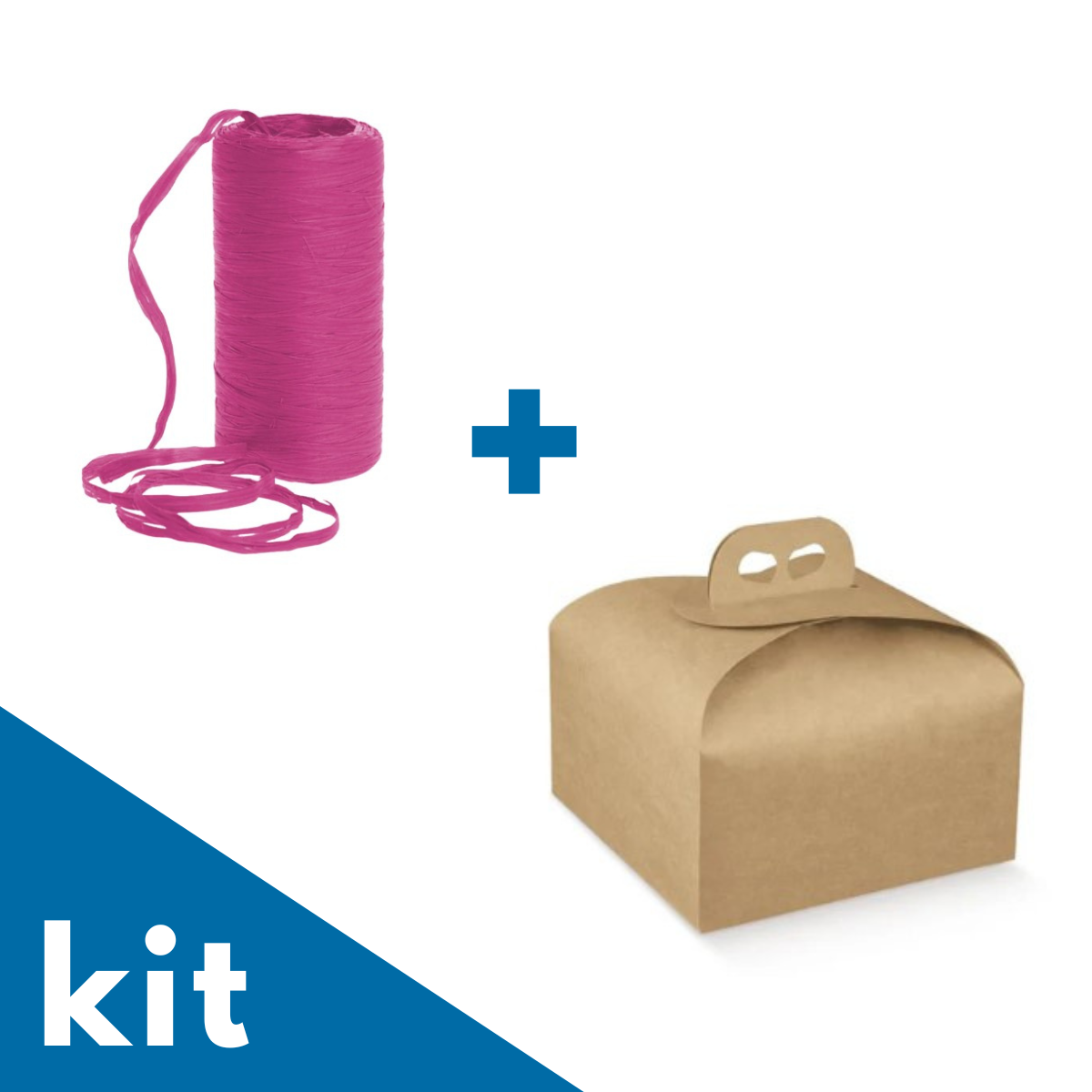 Kit di bobina fucsia di rafia e scatola porta torte color avana