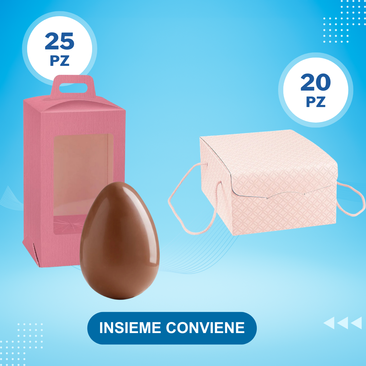 Scatola bianca porta colomba, scatola rosa con finestra porta uovo di Pasqua, su sfondo azzuro