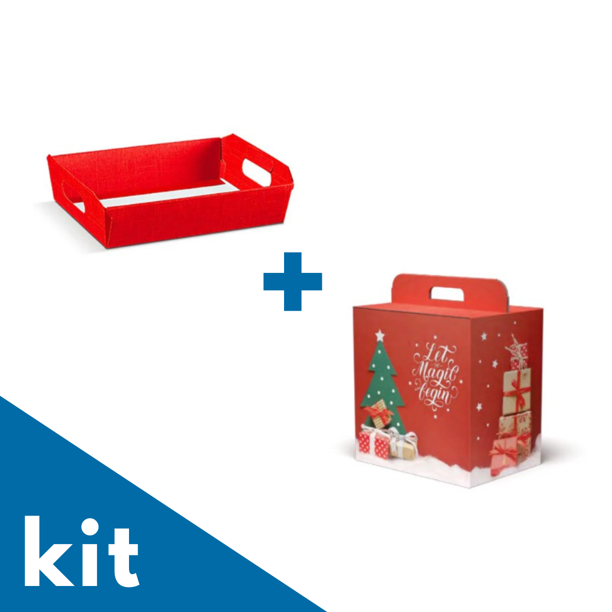 Kit con scatola rossa porta panettone con decori natalizi e vassoio rosso per cesto