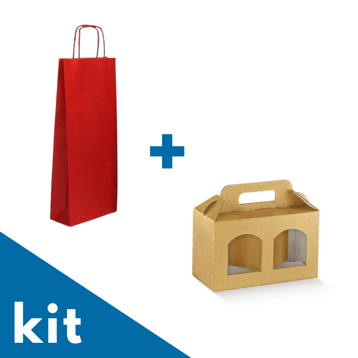 Kit con busta rossa per bottiglia e scatola oro per due vasetti