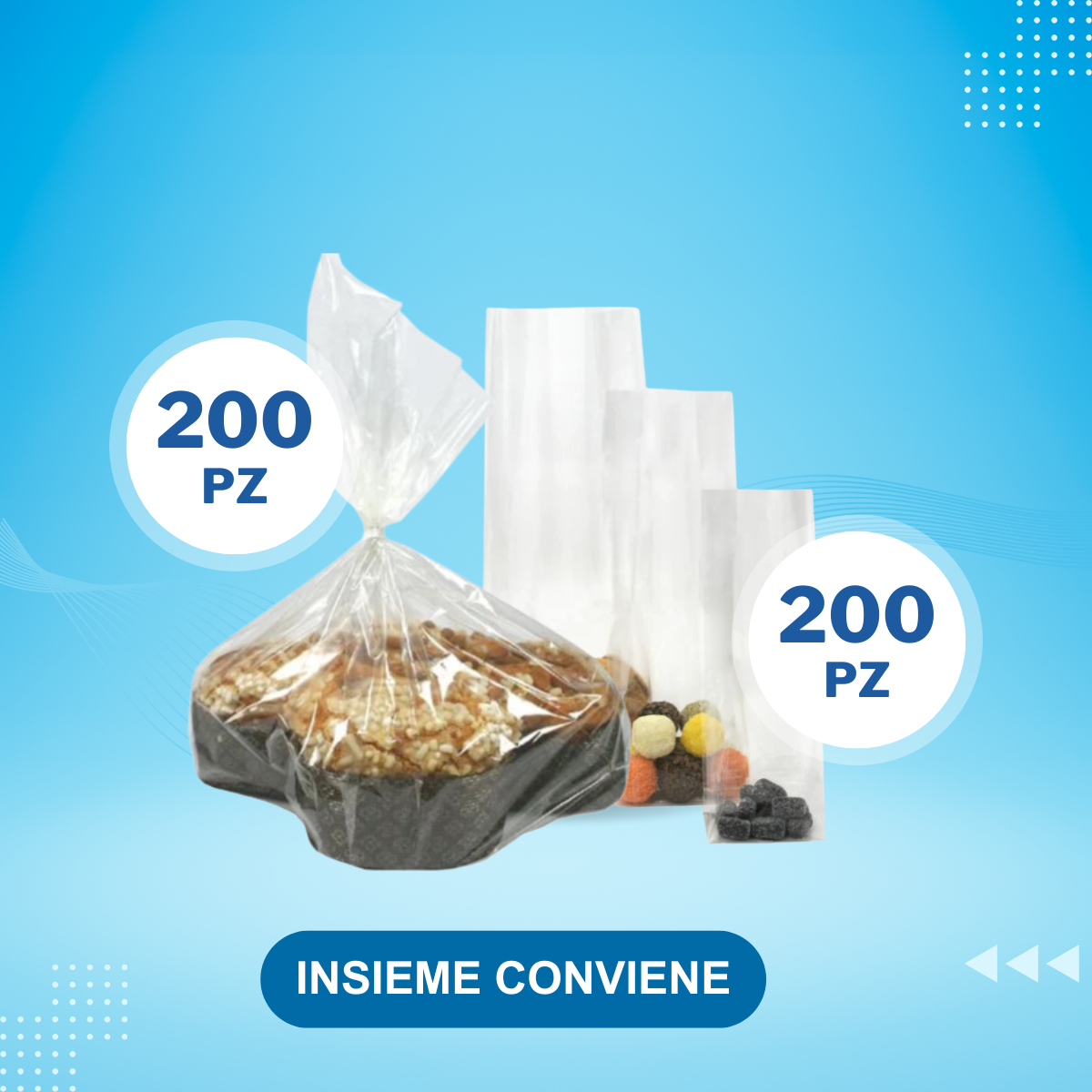Kit insieme conviene, sfondo blu , busta con dentro colomba pasquale e bustine con caramelle