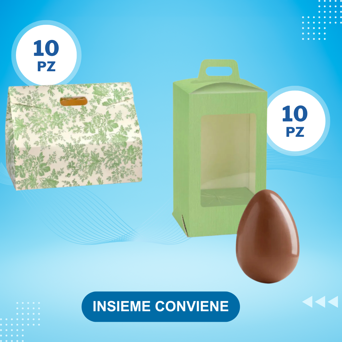 Porta colomba pasquale con fantasia floreale verde e porta uova di cioccolata verde con finestra. Uovo di pasqua in primo piano. Sfondo azzurro