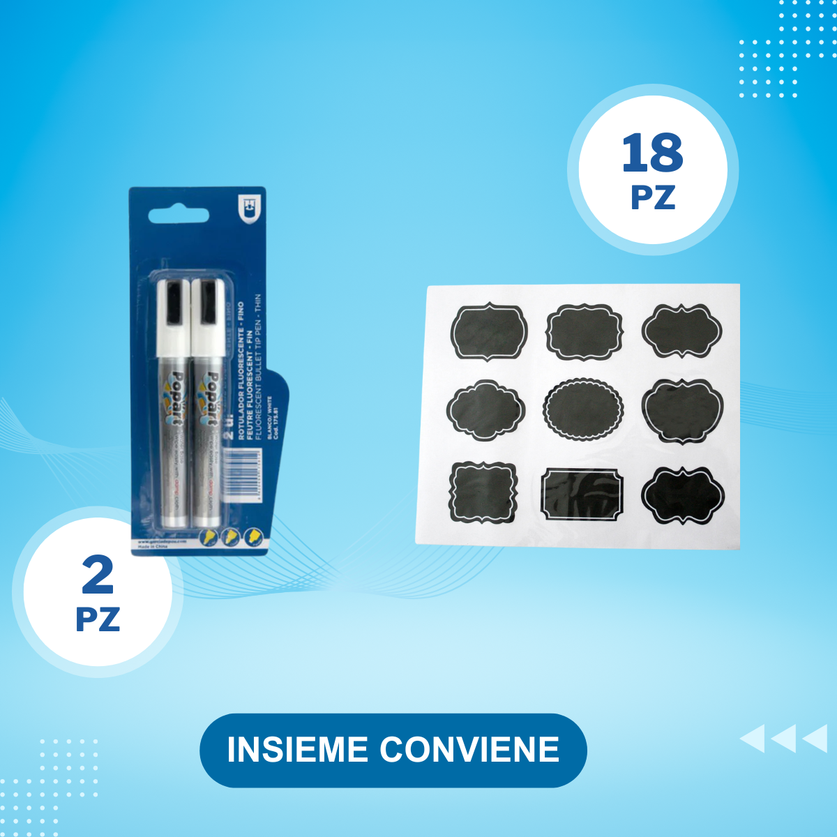 kit 18pz Etichette scrivibili nere + 2 Pennarello bianco