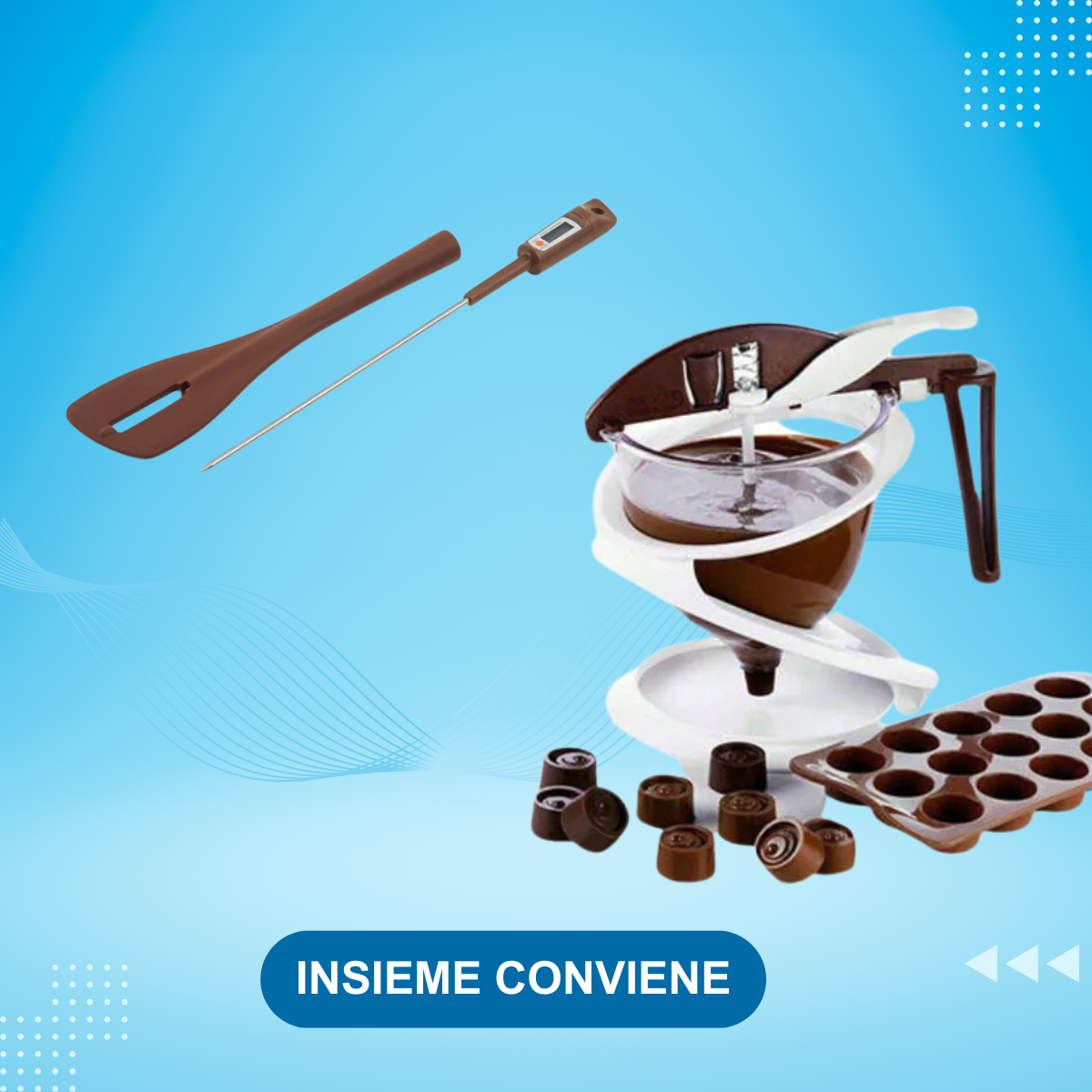 Spatola e termometro per cioccolata e macchina dosa cioccolatini con stampo. Sfondo azzurro