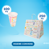 Shopper e bicchiere di carta con grafica parole su sfondo azzurro