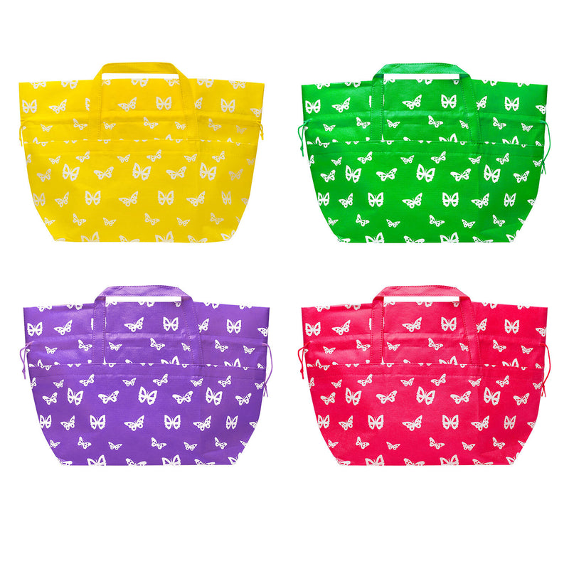 Shopper porta colomba pasquale con fantasie farfalle: una gialla, una verde, una viola ed una fucsia