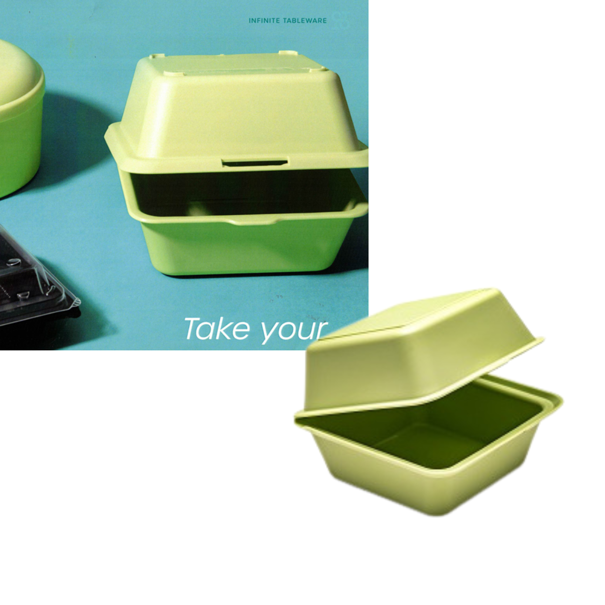 Vaschetta di plastica verde mostrata aperta sola ed aperta assieme ad altre 
