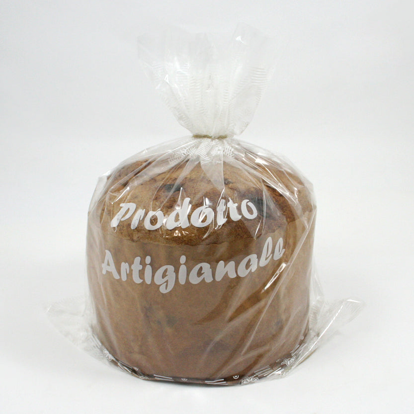 Sacchetto trasparente con scritto PRODOTTO ARTIGIANALE con dentro un panettone