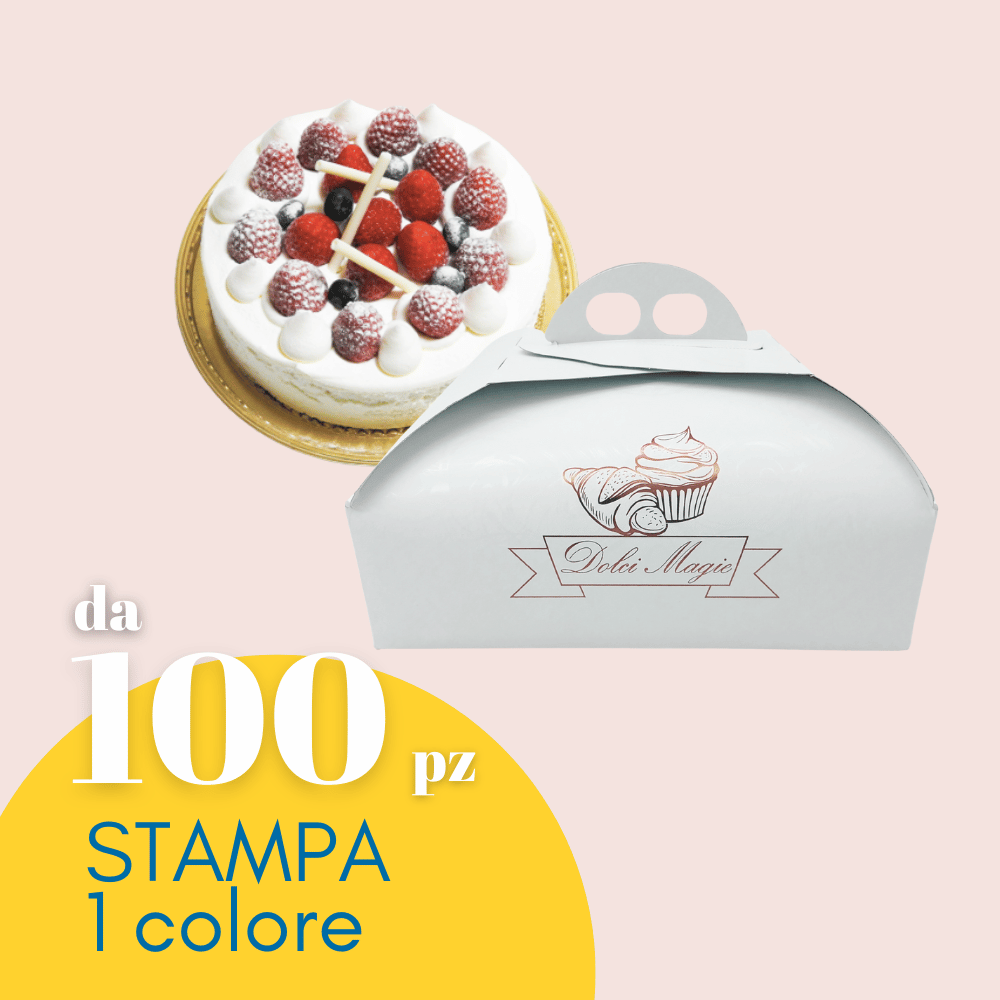 Scatola porta torta bianca chiusa,. Immagine di una torta ed in primo piano scritta da 100 pz Stampa 1 colore