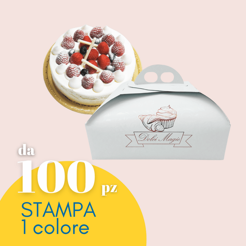 Scatola porta torta bianca chiusa,. Immagine di una torta ed in primo piano scritta da 100 pz Stampa 1 colore