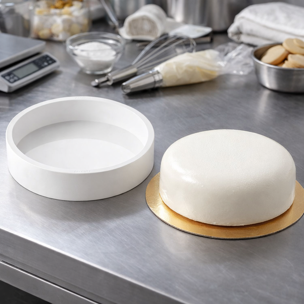 Banco di laboratorio di un pasticcere con stampo bianco di silicone e torta vicino 