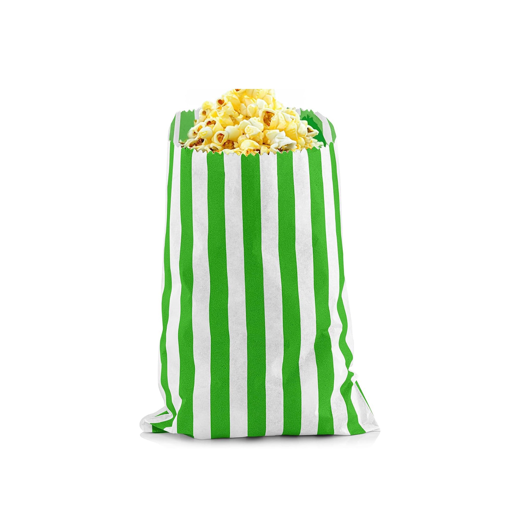 sacchetto per alimenti a righe verdi mostrato pieno di popcorn 