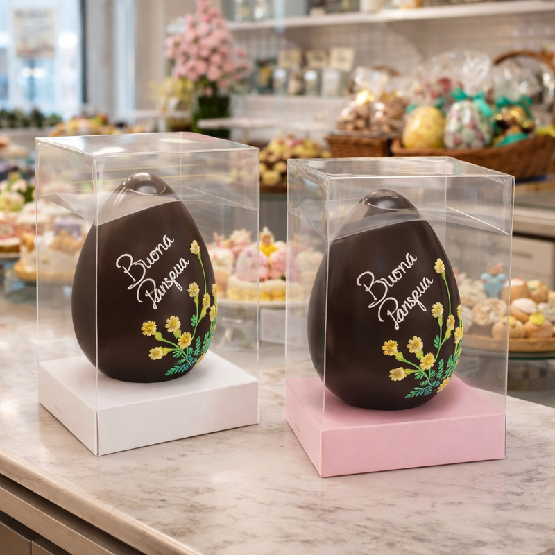 Due scatole trasparenti per uova di pasqua, una con base bianca ed una con base rosa, con dentro uova di pasqua, sul bancone di una pasticceria sotto pasqua 