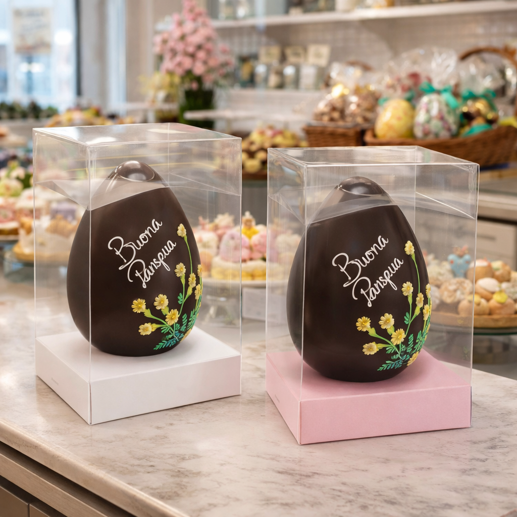 Due scatole trasparenti per uova di pasqua, una con base bianca ed una con base rosa, con dentro uova di pasqua, sul bancone di una pasticceria sotto pasqua 