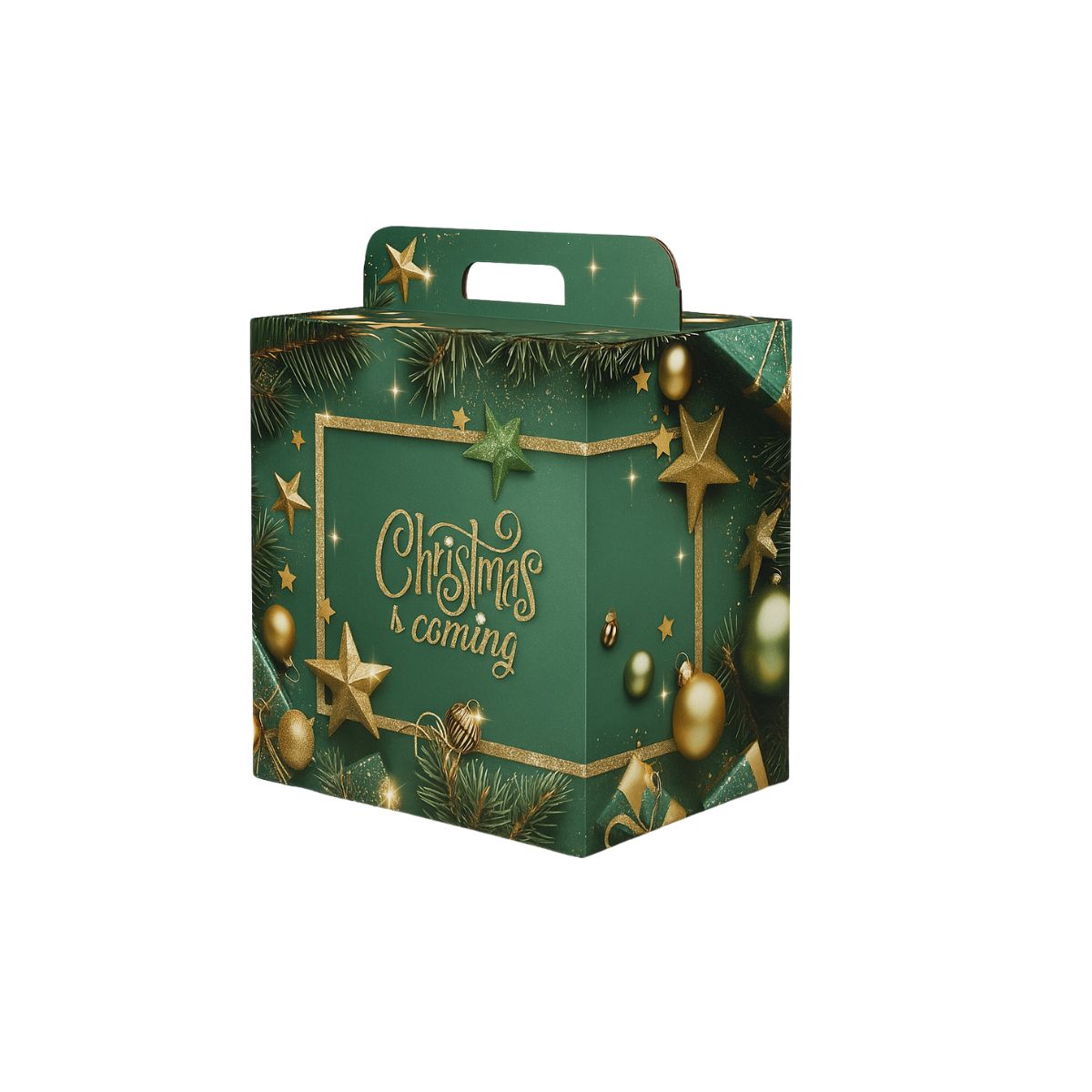 Scatola regalo per panettone e bottiglia, verde con fantasie natalizie