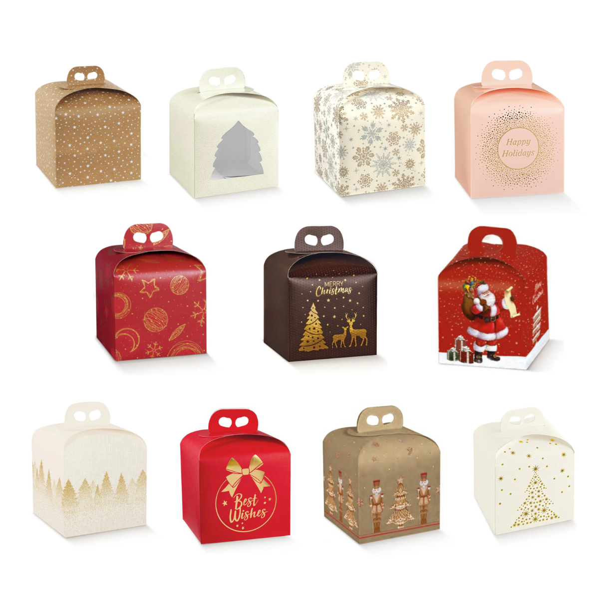 Insieme di scatole di panettone con diversi colore e grafiche