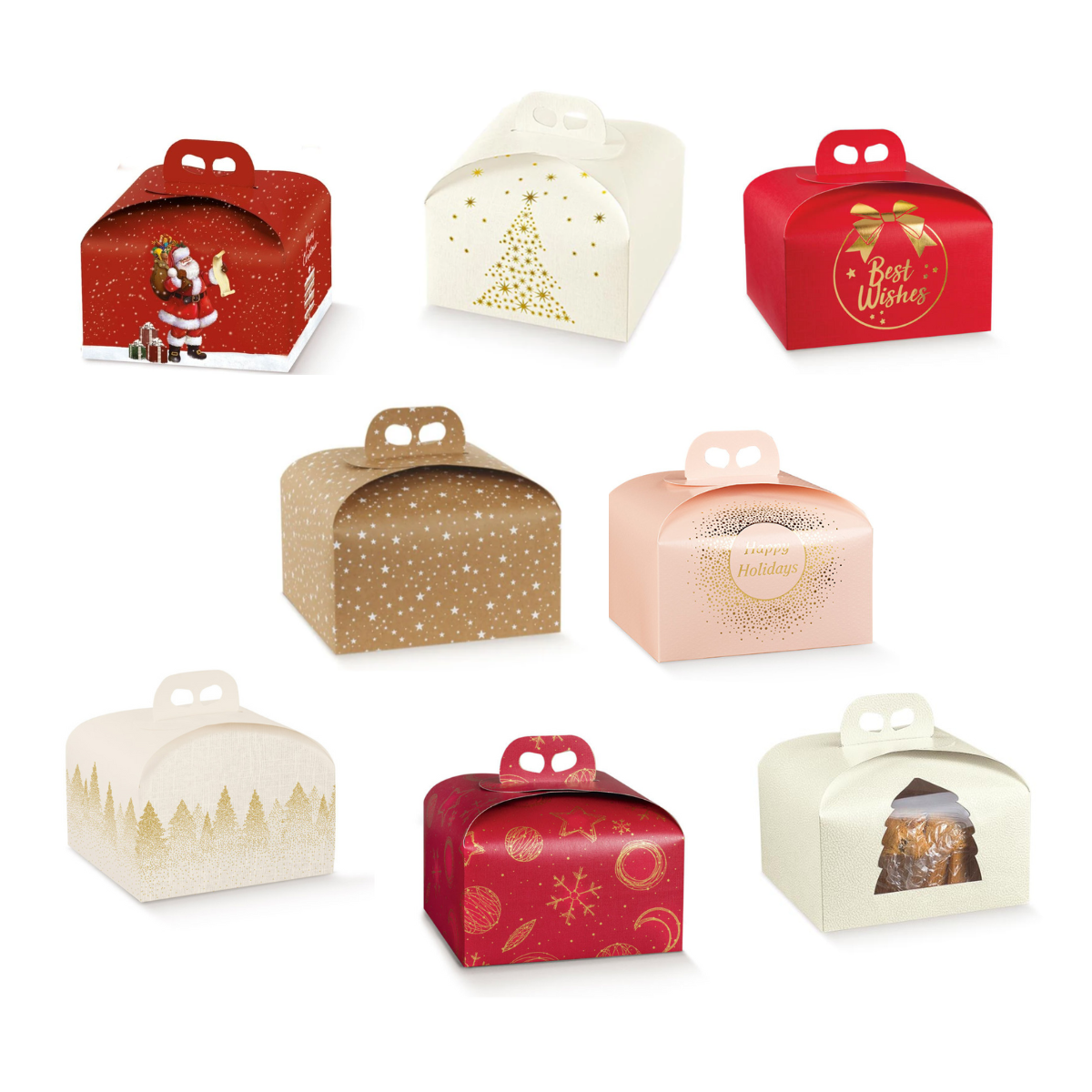 Insieme di diverse dimensioni e grafiche di scatole per panettone