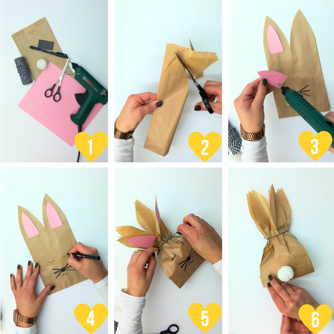 Banner tutorial su come fare un coniglio pasquale da un sacchetto di carta