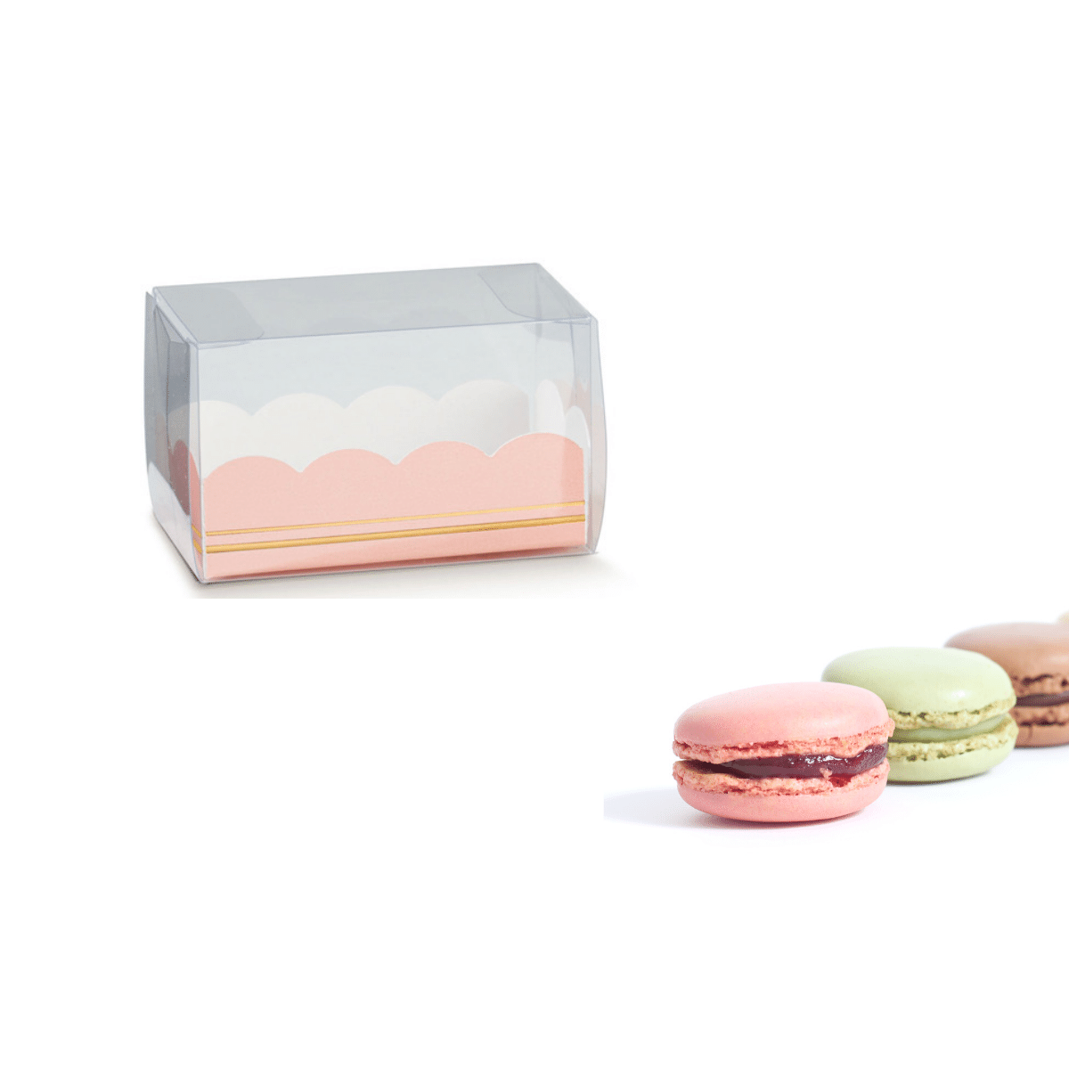 Confezioni rettangolari base rosa e sopra trasparente per macarons