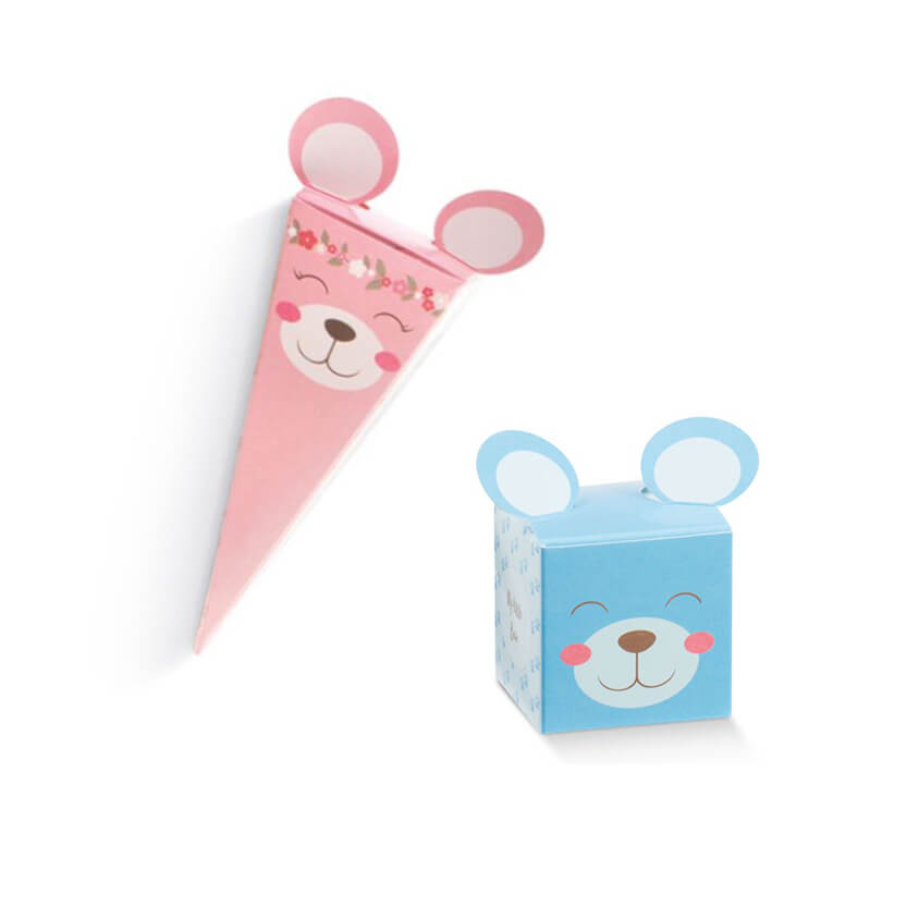 Bomboniera a cubo azzurra e a cono rosa con orsetti