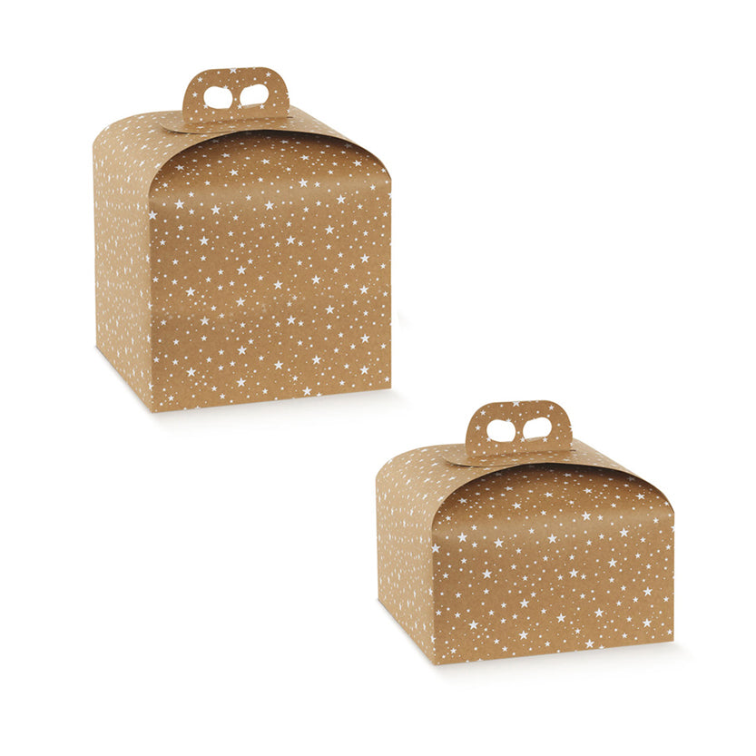 Scatola porta panettone marrone chiaro e stelline bianche 