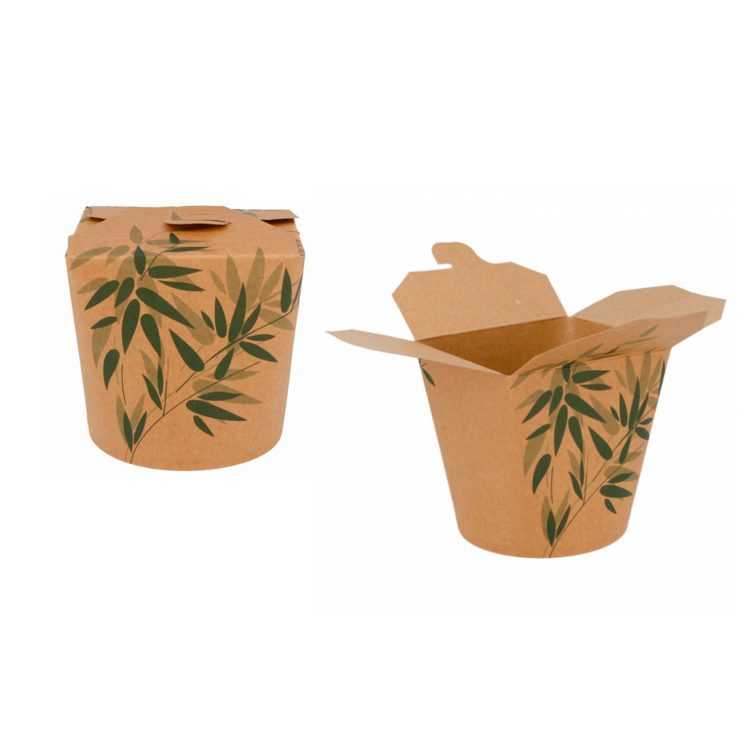 Contenitori avana con foglie verdi, di carta, uno aperto ed uno chiuso