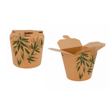 Contenitori avana con foglie verdi, di carta, uno aperto ed uno chiuso